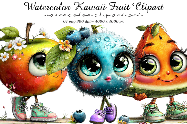 Watercolor Kawaii Fruit Clipart