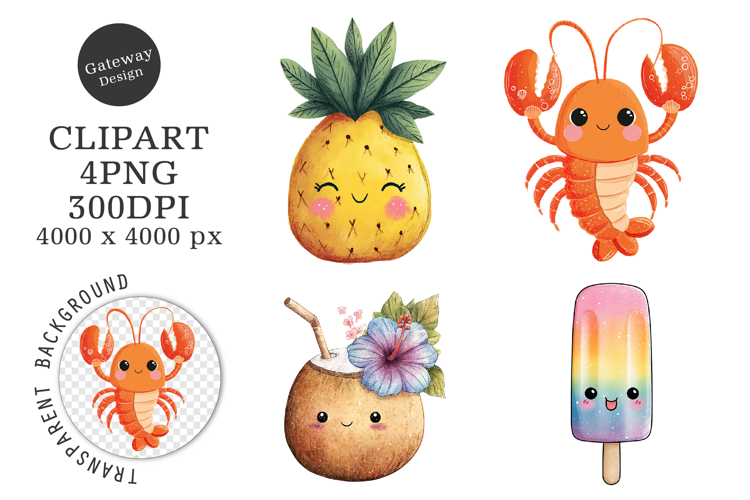 Watercolor Kawaii Little Summer Clipart