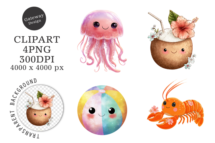 Watercolor Kawaii Little Summer Clipart