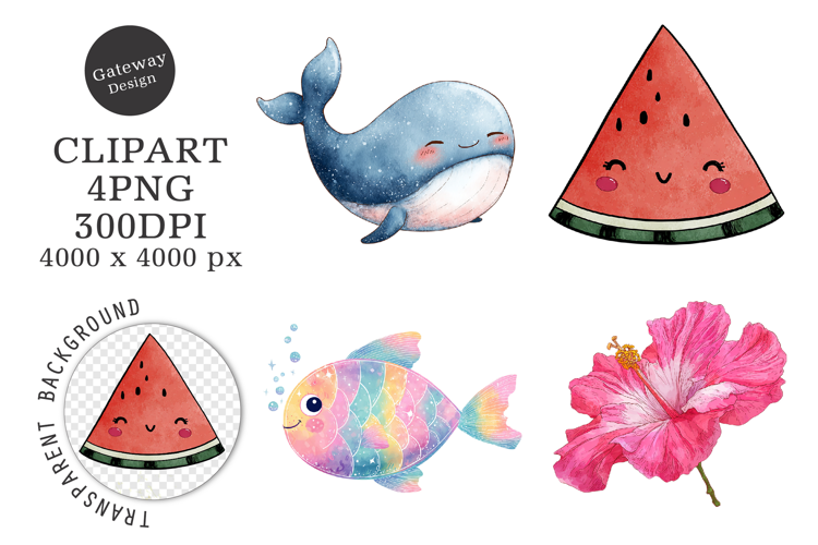 Watercolor Kawaii Little Summer Clipart