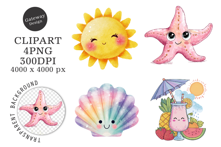 Watercolor Kawaii Little Summer Clipart