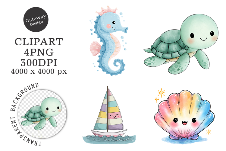 Watercolor Kawaii Little Summer Clipart