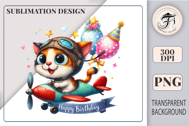 Birthday Kitten Pilot Sublimation PNG | Cute Cat Clipart