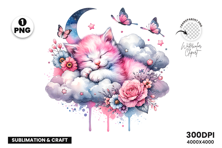 Watercolor Kitten Flower Cloud Clipart Sublimation PNG