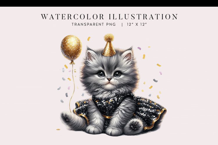 Watercolor Kitten New Year’s Party Clipart PNG