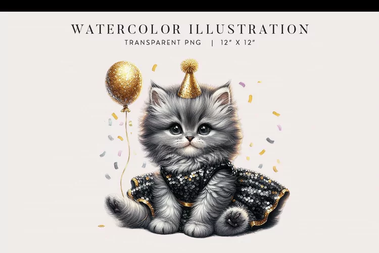 Watercolor Kitten New Year’s Party Clipart PNG
