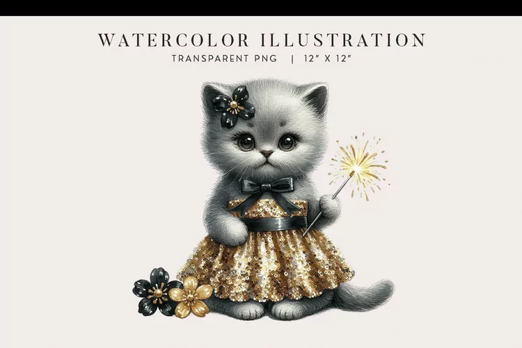 Watercolor Kitten New Years Sparkler Clipart PNG