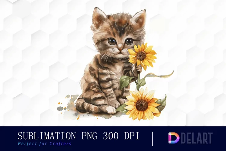 Kitten Sunflower Watercolor Clipart