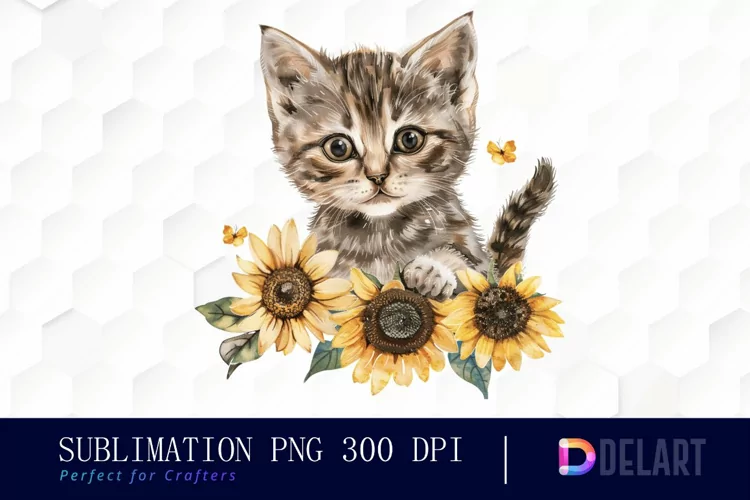 Kitten Sunflower Illustration Clipart