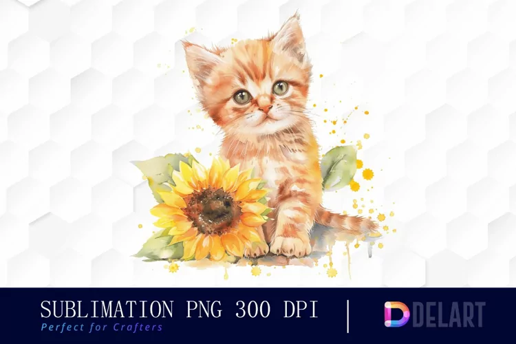 Kitten Sunflower Watercolor Clipart