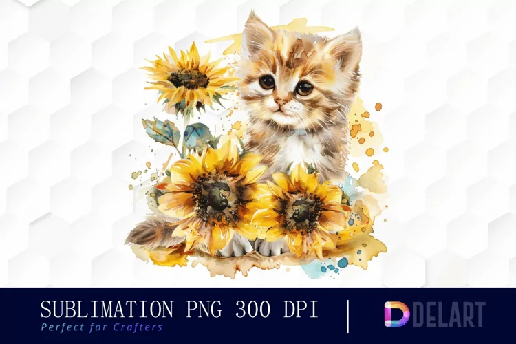 Kitten Sunflower Illustration Clipart