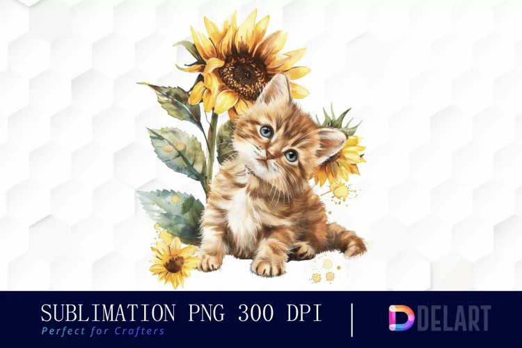 Kitten Sunflower Illustration Clipart