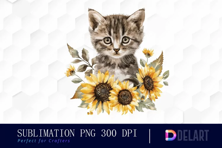 Kitten Sunflower Watercolor Clipart