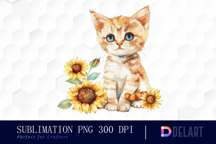 Kitten Sunflower Illustration Clipart