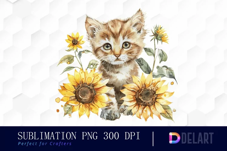 Kitten Sunflower Watercolor Clipart