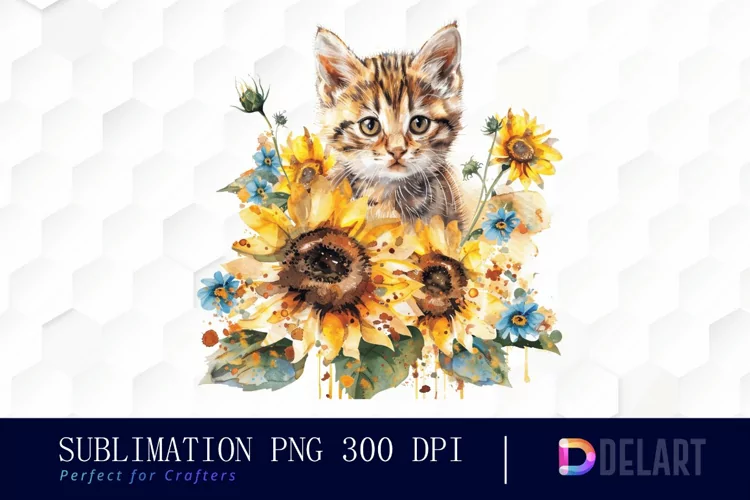 Kitten Sunflower Illustration Clipart