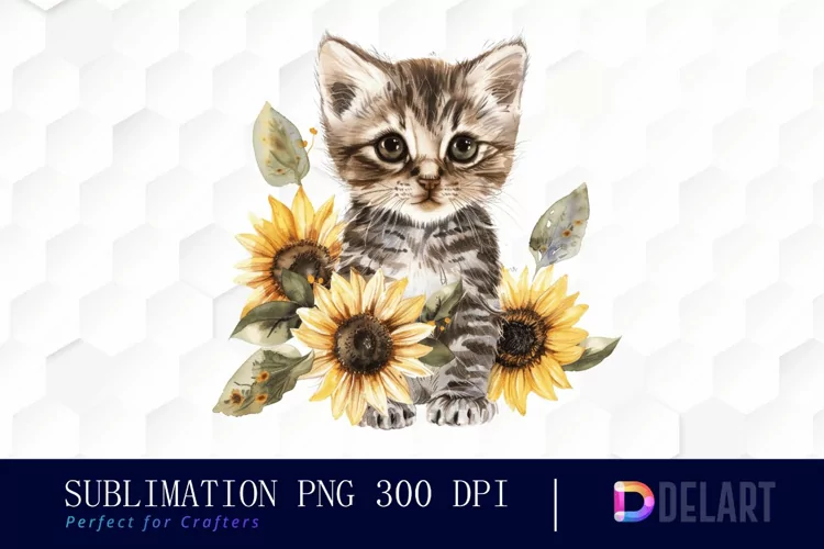 Kitten Sunflower Watercolor Clipart