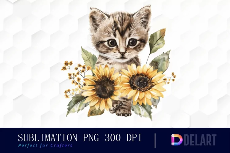 Kitten Sunflower Illustration Clipart
