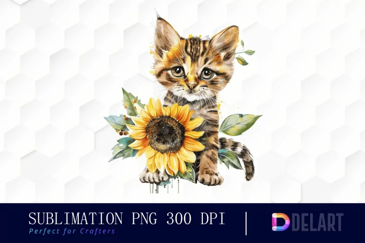 Kitten Sunflower Watercolor Clipart