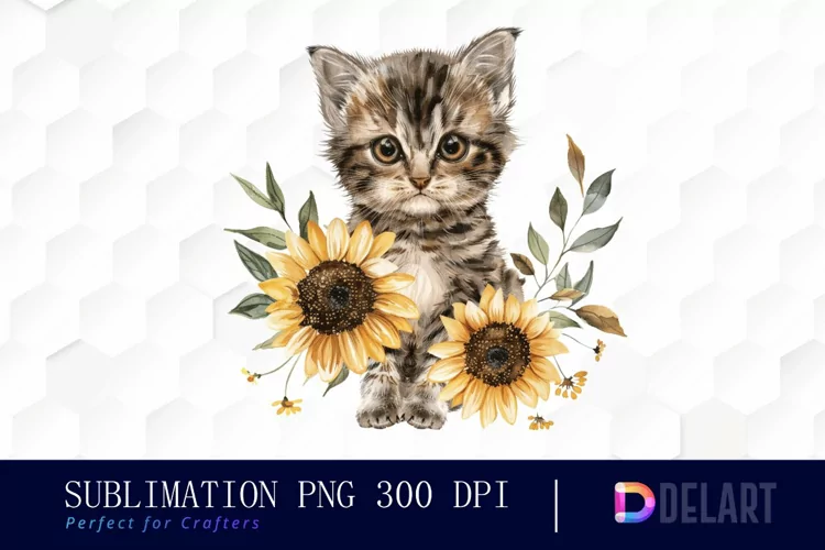 Kitten Sunflower Watercolor Clipart