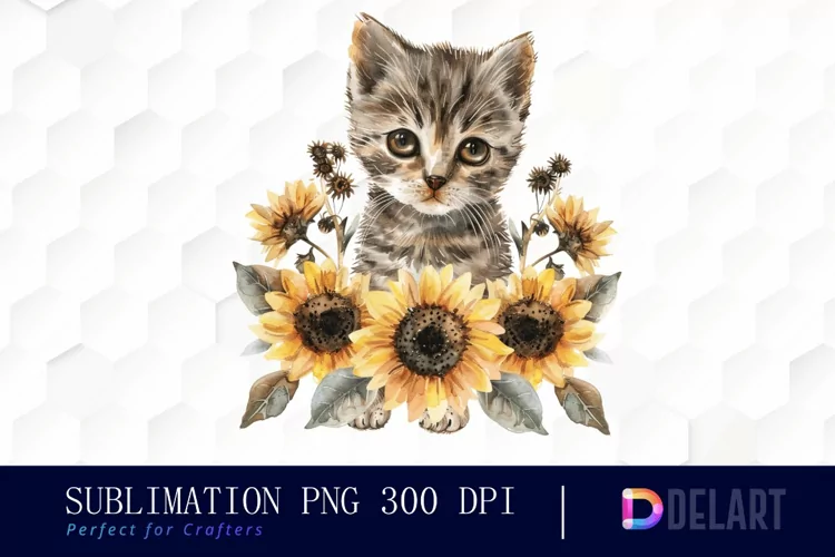 Kitten Sunflower Illustration Clipart