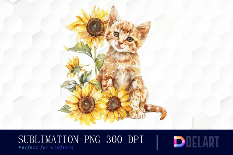 Kitten Sunflower Watercolor Clipart