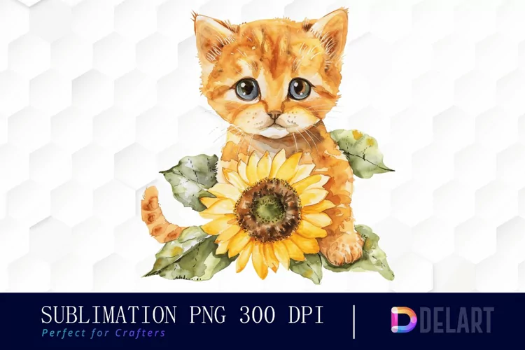 Kitten Sunflower Watercolor Clipart