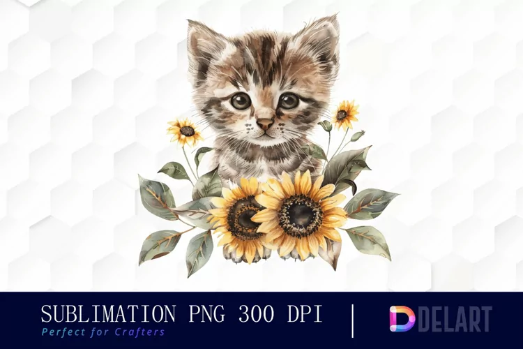 Kitten Sunflower Illustration Clipart