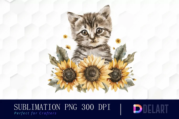 Kitten Sunflower Illustration Clipart