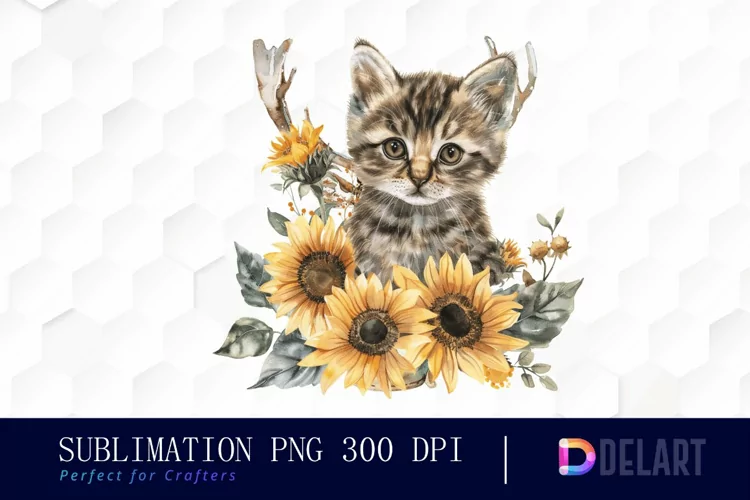 Kitten Sunflower Illustration Clipart