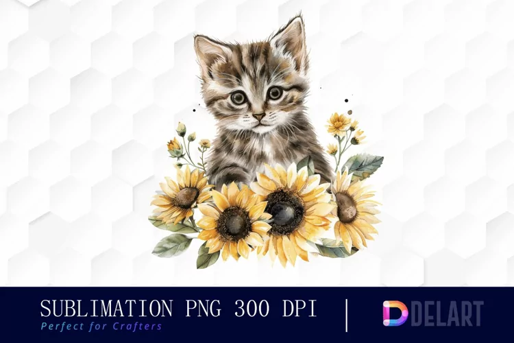 Kitten Sunflower Watercolor Clipart