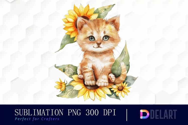 Kitten Sunflower Watercolor Clipart