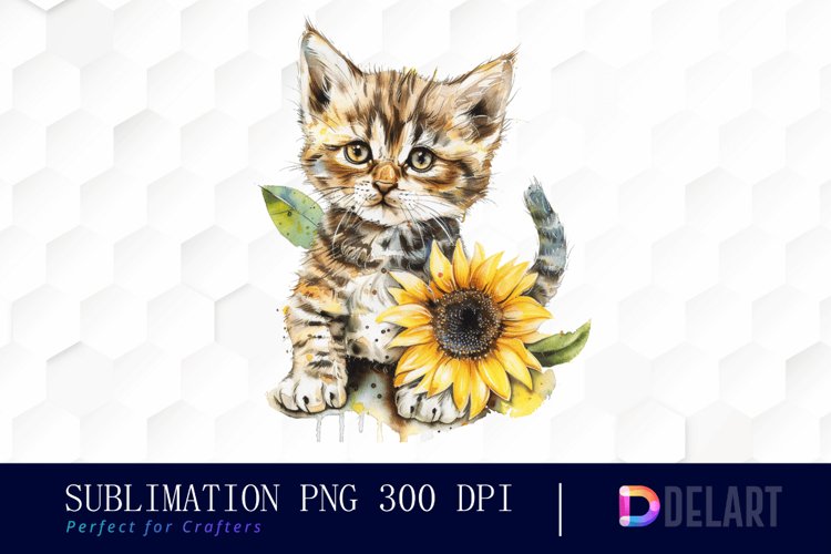 Kitten Sunflower Watercolor Clipart