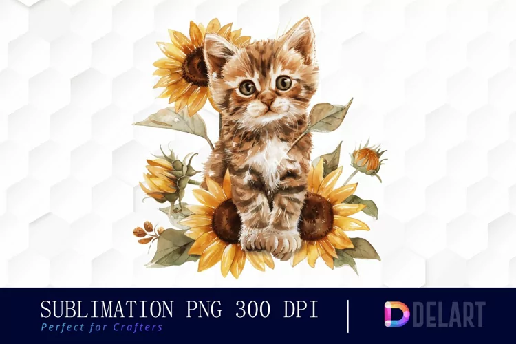 Kitten Sunflower Watercolor Clipart