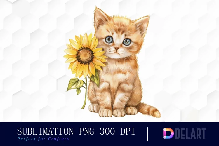 Kitten Sunflower Watercolor Clipart