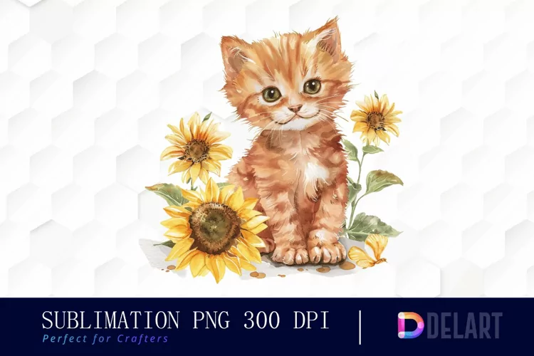 Kitten Sunflower Sublimation PNG Clipart