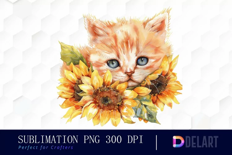 Kitten Sunflower Sublimation PNG Clipart