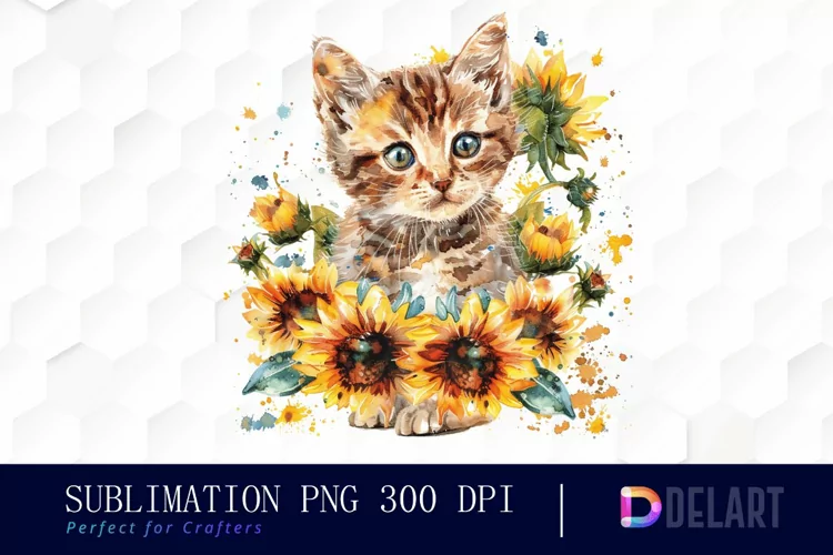 Kitten Sunflower Illustration Clipart