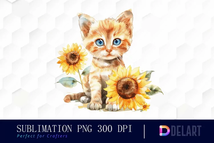 Kitten Sunflower Illustration Clipart