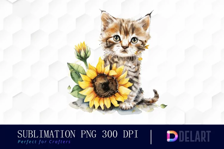 Kitten Sunflower Watercolor Clipart