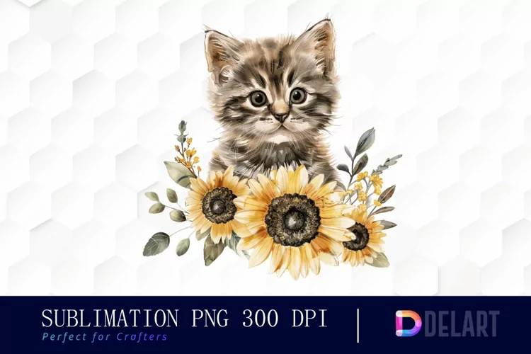 Kitten Sunflower Illustration Clipart