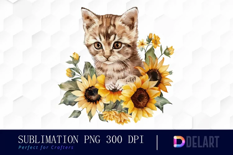 Kitten Sunflower Sublimation PNG Clipart