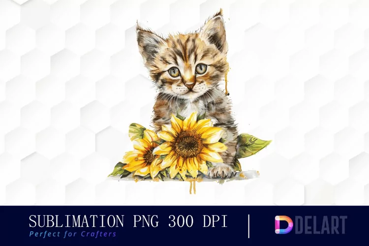 Kitten Sunflower Watercolor Clipart