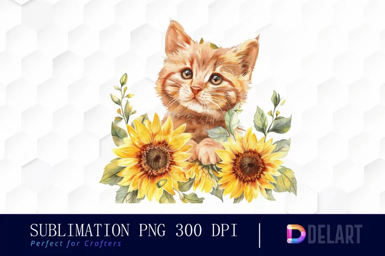 Kitten Sunflower Sublimation PNG Clipart