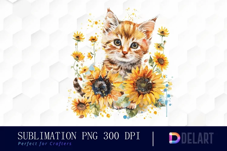 Kitten Sunflower Illustration Clipart