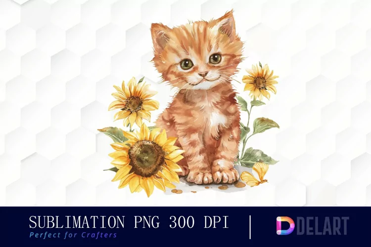 Kitten Sunflower Watercolor Clipart