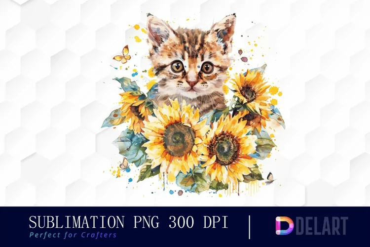 Kitten Sunflower Illustration Clipart