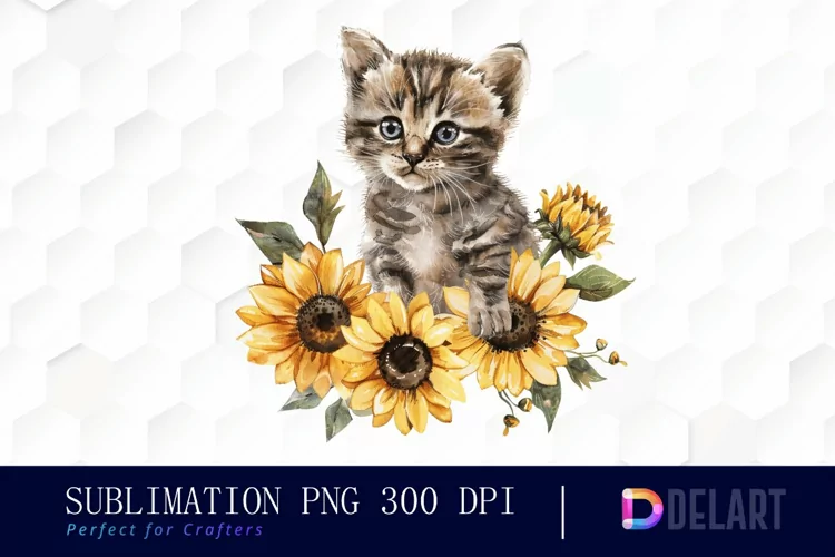 Kitten Sunflower Watercolor Clipart