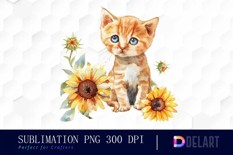 Kitten Sunflower Watercolor Clipart