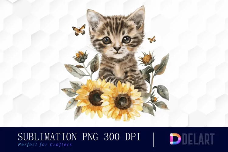 Kitten Sunflower Illustration Clipart